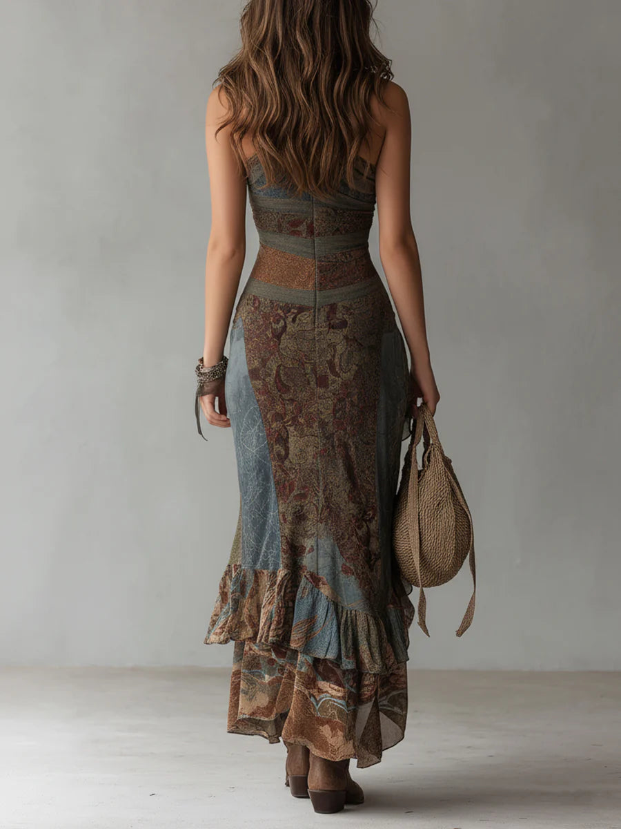 Elena | Long one-shoulder printed dress in ethnic style with high slit