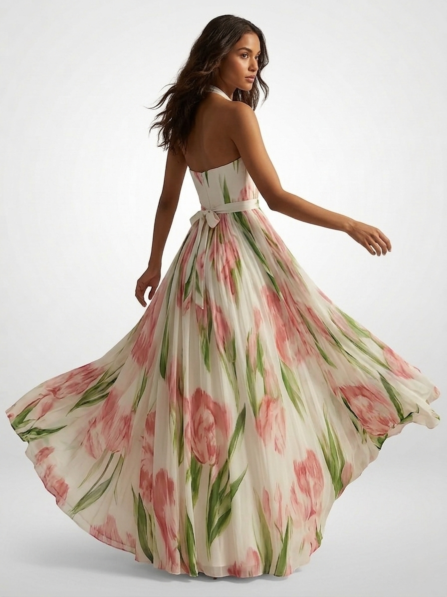 Chiffon Halter Maxi Dress | Floral Watercolor Print