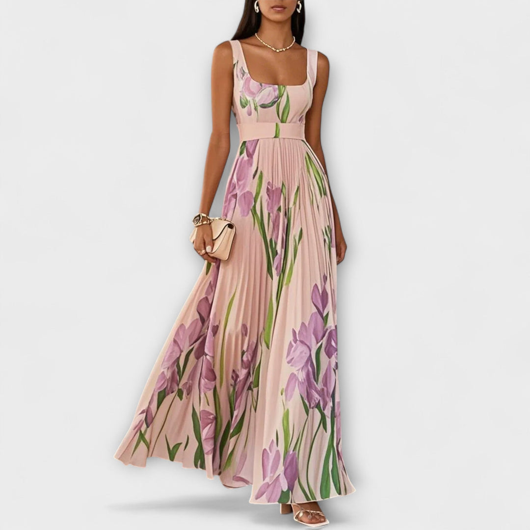Floral Garden Dress | Spring Chiffon Pleated Maxi