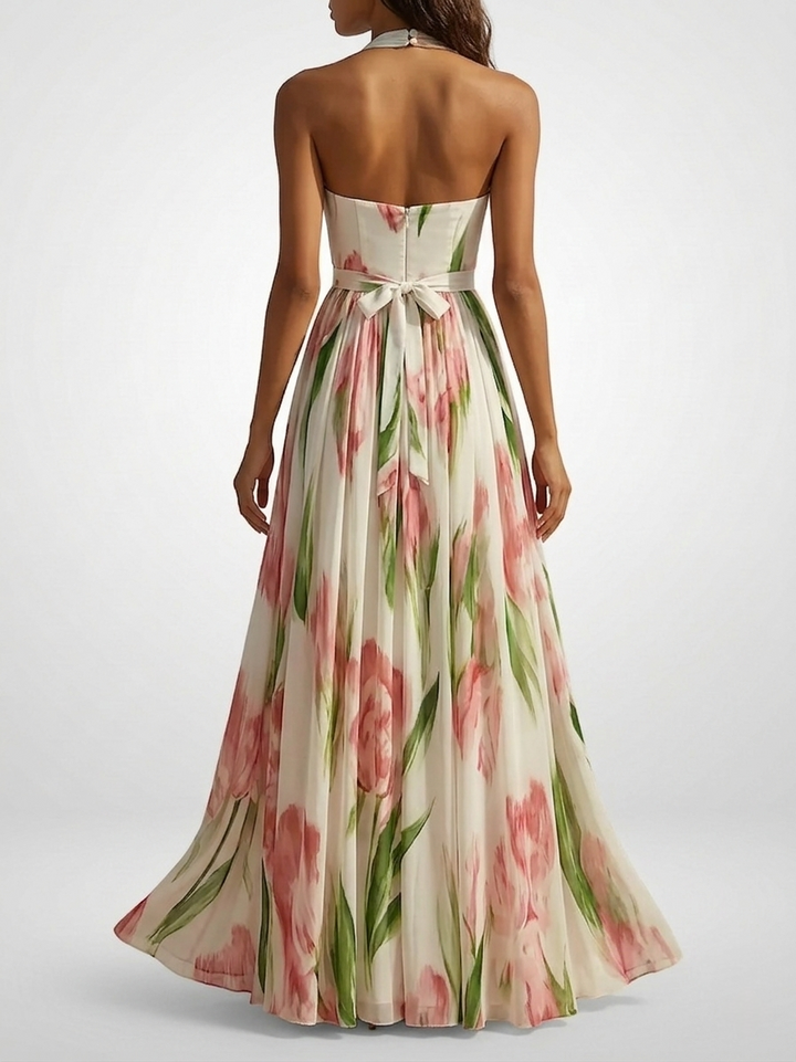 Chiffon Halter Maxi Dress | Floral Watercolor Print