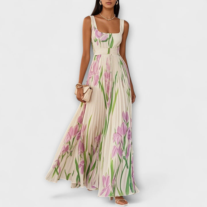 Floral Garden Dress | Spring Chiffon Pleated Maxi
