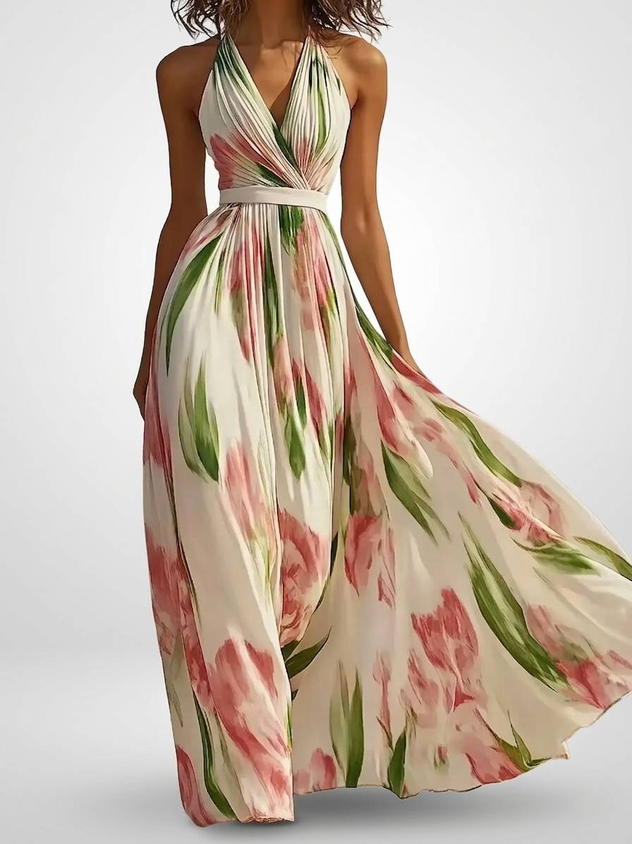 Chiffon Halter Maxi Dress | Floral Watercolor Print
