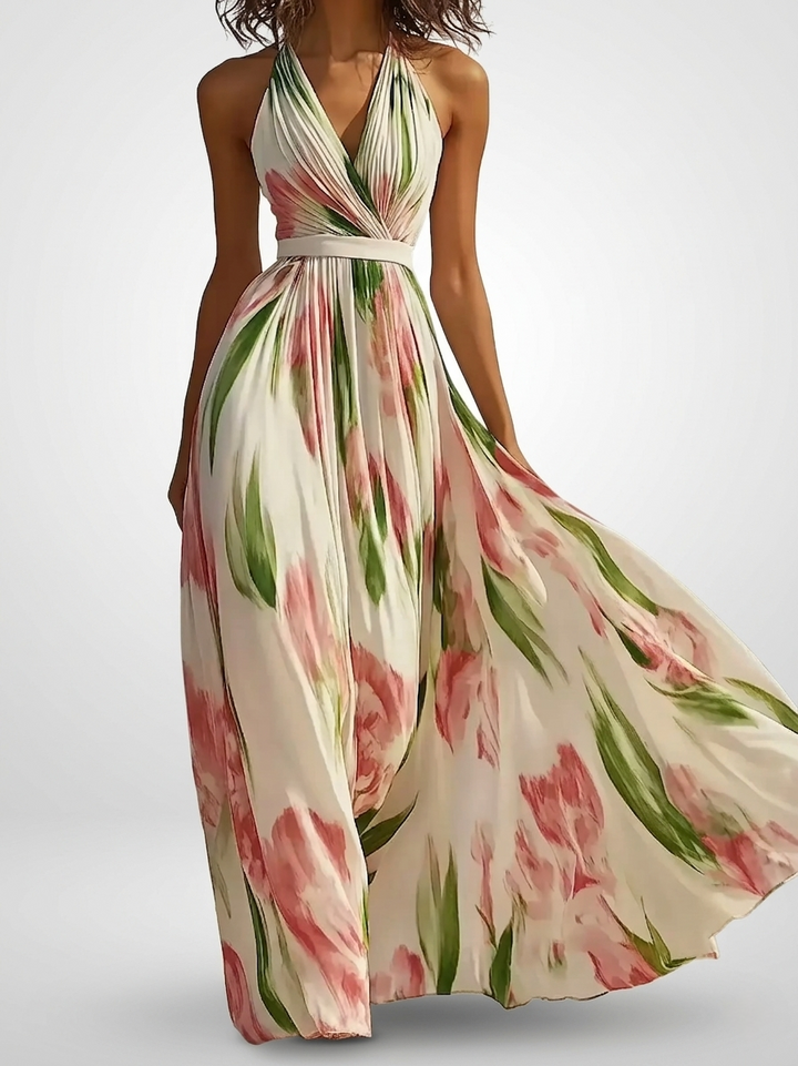 Chiffon Halter Maxi Dress | Floral Watercolor Print