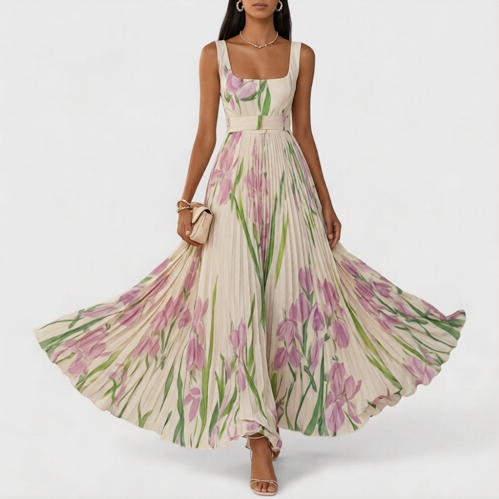 Floral Garden Dress | Spring Chiffon Pleated Maxi